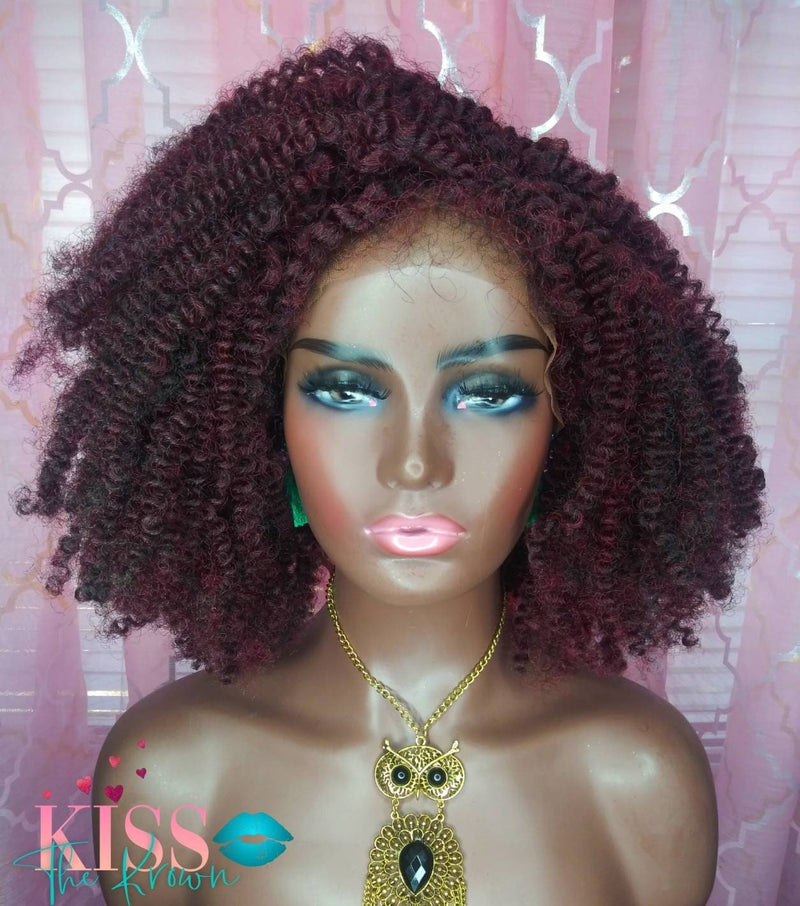 RAIZYN~LACE FRONT Wig 4x4 Curly Twist Out Wig Burgundy Black Mix 14 in Afro Kinky  Natural Hairline & Part Natural Hair Look Exclusive Style