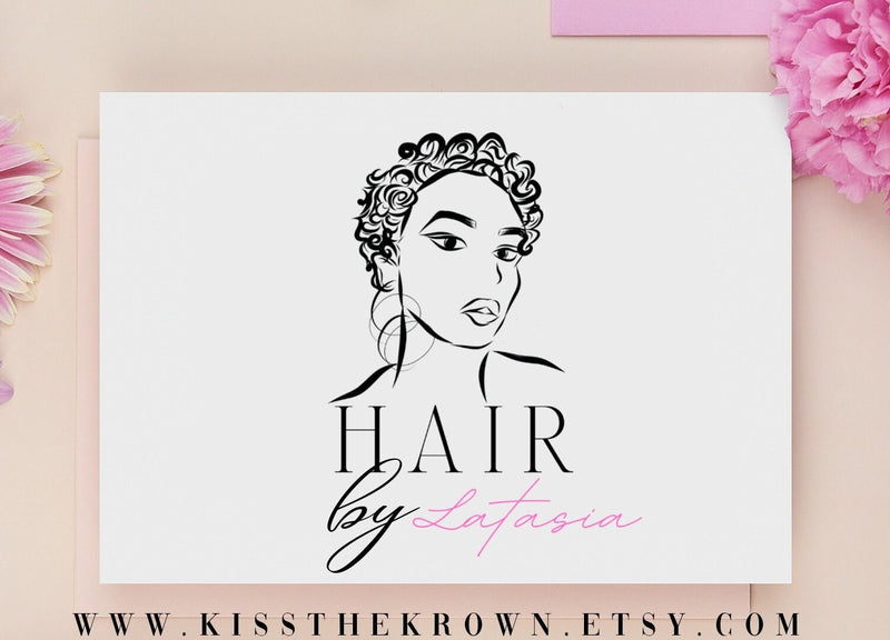 Hair Stylist Logo Custom Cursive Personalized Makeup Cosmetics Hairstylist Beauty Boutique Girl Curly Short Hair