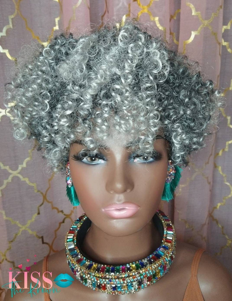 CARYE~Tapered Short Cut Afro Kinky Curly Wig with Bangs Salt Pepper Grey Silver Synthetic Natural Hair Wig Exclusive Style