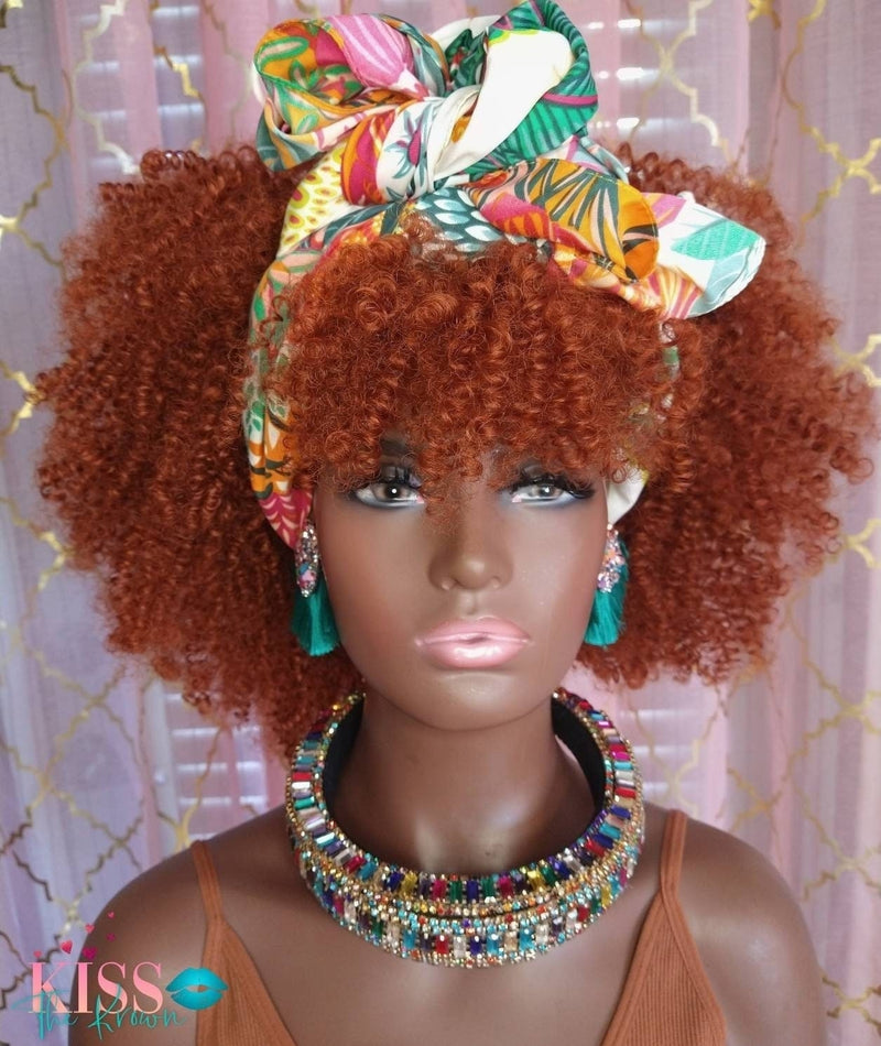 AIVRY~Kinky Curly Afro Wig with Bangs Synthetic Hair Natural Look Ginger Orange Big Hair Choose Color