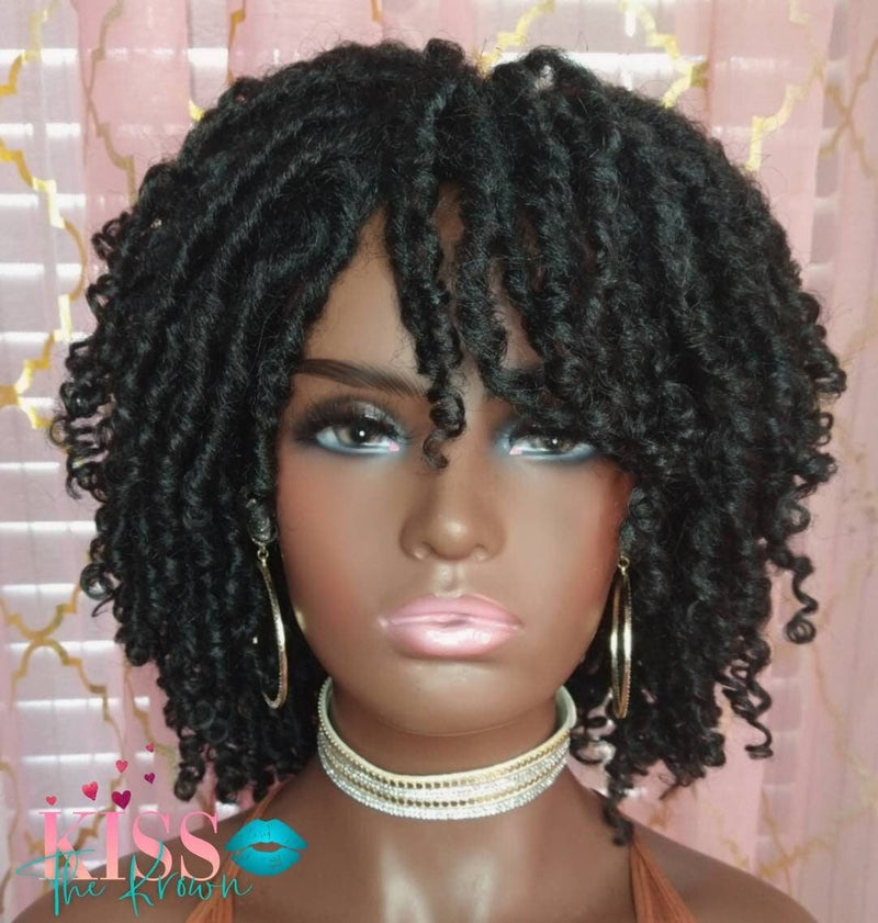 Soft Locs Spring Curl Wig Synthetic Hair Natural Black 1b 8 in Short Curly Synthetic Hair Faux Dreadlocks Wig with Bangs