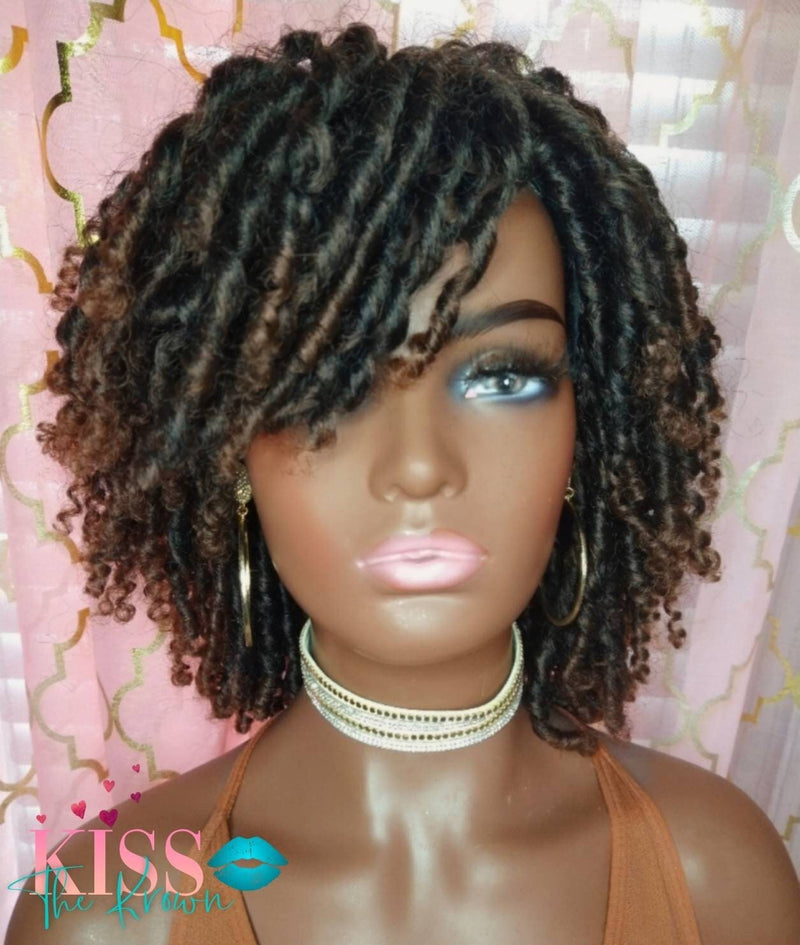SAISHA~Soft Locs Spring Curl Wig Synthetic Hair Ombre 1b/30 Honey Brown 8 in Short Curly Synthetic Hair Faux Dreadlocks Wig with Bangs