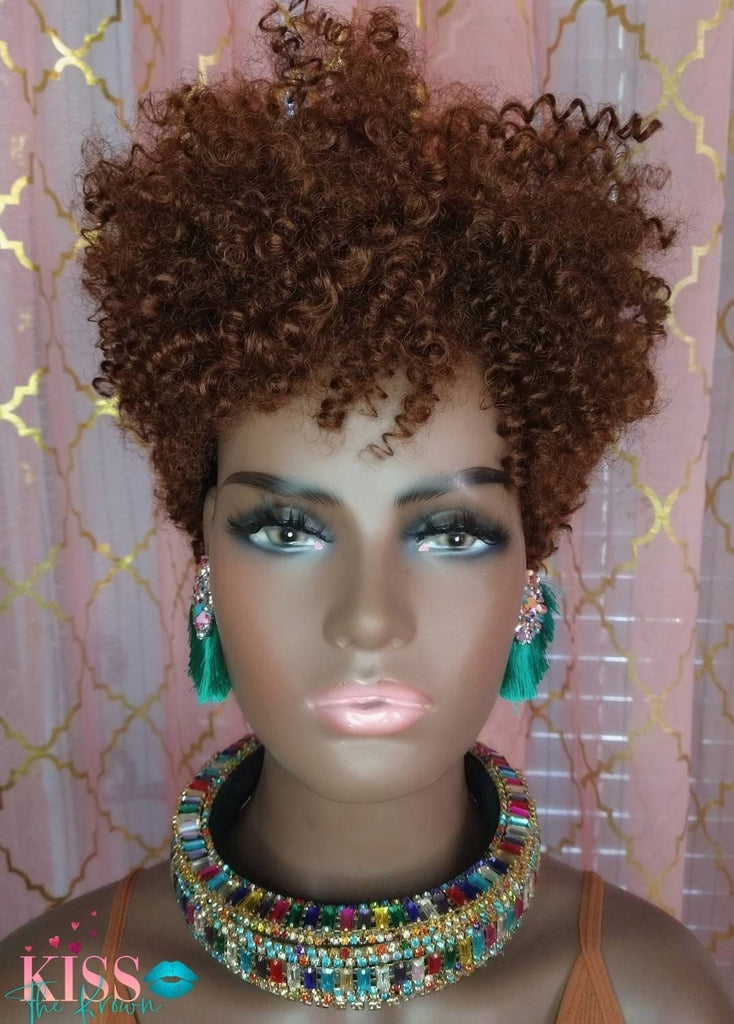NAHROBI~Tapered Short Cut Afro Kinky Curly Wig with Bangs Ginger Brown Synthetic Natural Hair Wig