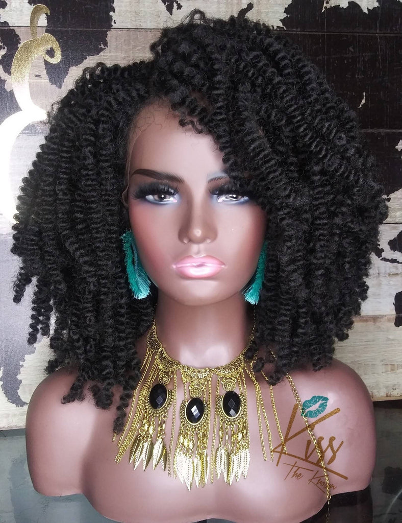 KENYA~LACE FRONT Wig 4x4 Curly Twist Out Wig Color Black 14 in Natural Hair Look Afro Kinky Natural Hairline & Part Exclusive Style