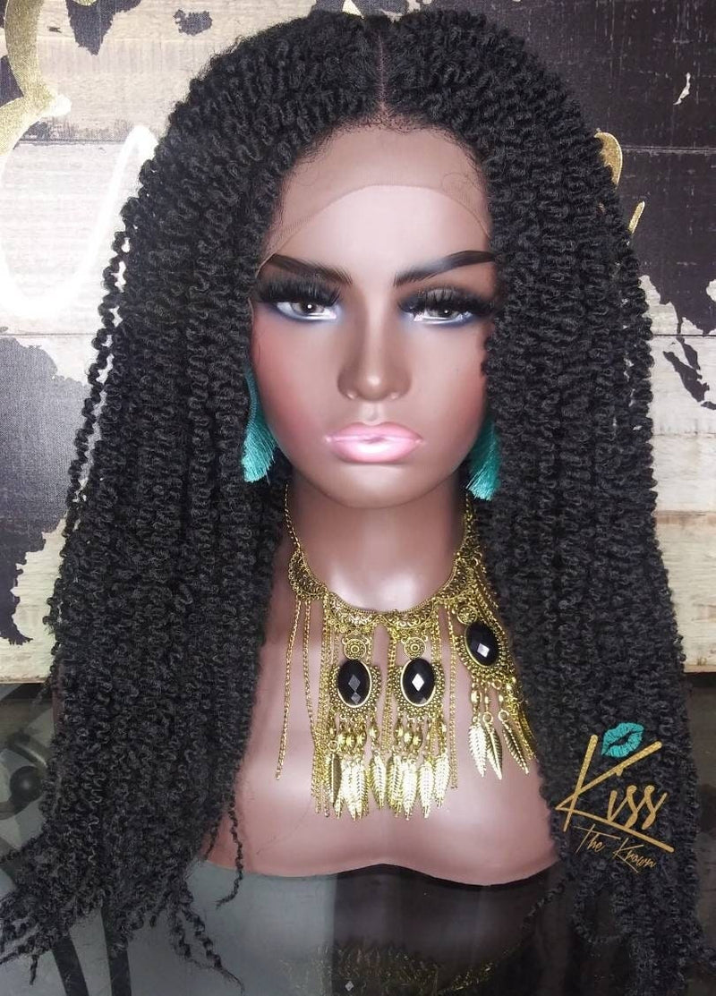 AZAEL~Lace Front Wig 3D Braid Twist Out Wig Black 16 in Afro Kinky  Curly Krimp Natural Hairline & Part Ready to Wear