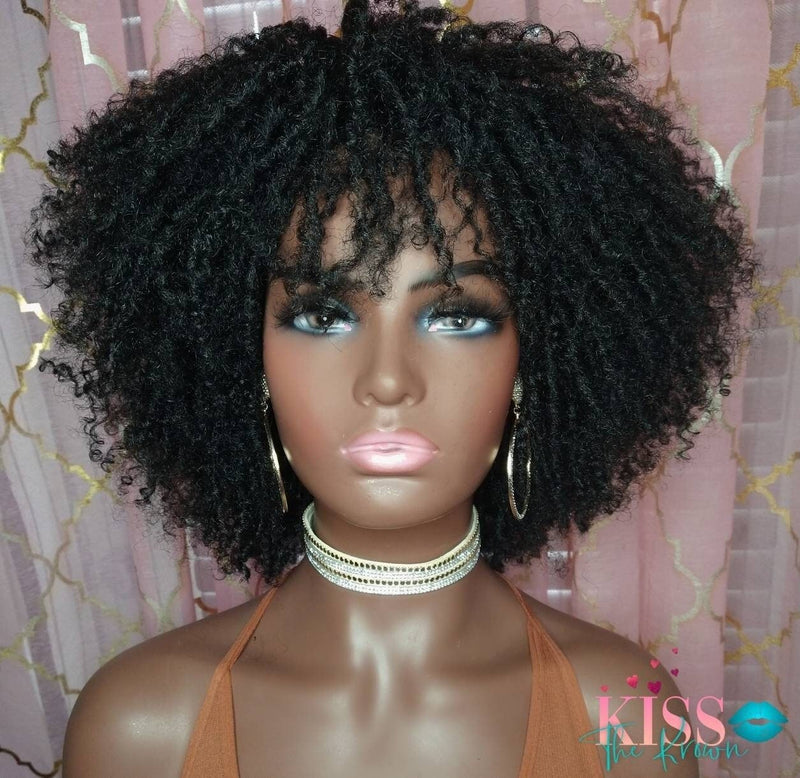 TEMPRA~Spring Curl Kinky Afro Twist Out Full Wig Natural Black 1B 8 in Short Synthetic Hair Wig with Bangs (PREORDER)