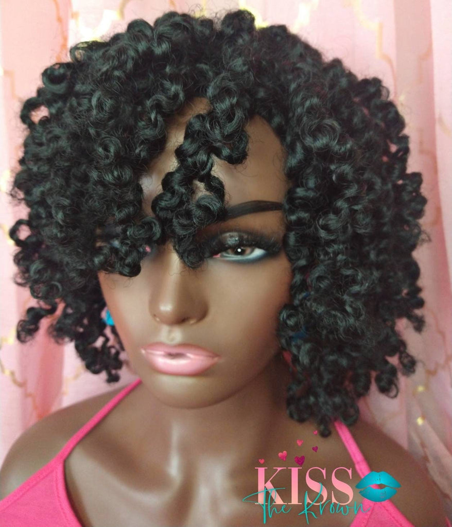 HAYLI~Curly Twists Kinky Micro Twists Wig Synthetic Hair Wig 6 inch Full Wig Short Natural Black Hair Wig Exclusive Style (PREORDER)