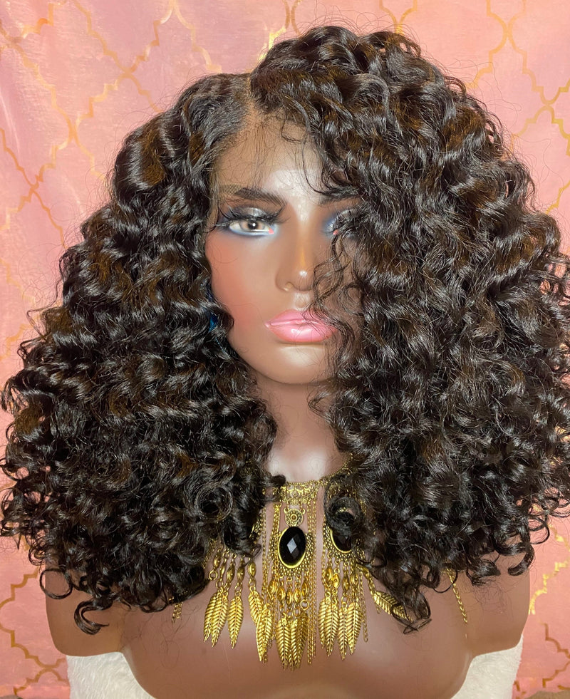 LACE FRONT Wig Kinky Curly Wig 1B Natural Curl 18 in Middle Part Yaki Texture
