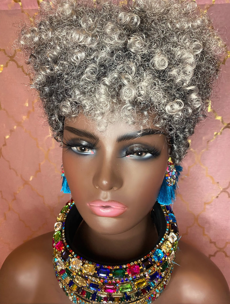 NAHROBI~Tapered Short Cut Afro Kinky Curly Wig with Bangs Salt Pepper Silver Grey Synthetic Natural Hair Wig (PREORDER)