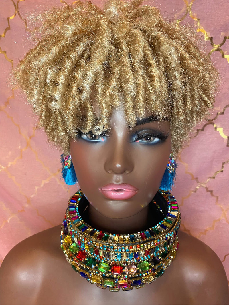 TAZIZA~Soft Locs Spring Curl Full Wig Blonde Synthetic Hair Short Curly Faux Dreadlocks Wig Tapered Short Cut with Bangs (PREORDER)