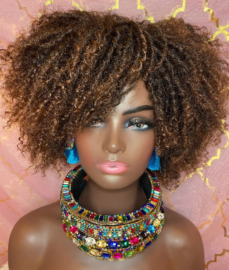 TEMPRA~Spring Curl Kinky Afro Twist Out Full Wig Ombre 1B/30 8 in Short Synthetic Hair Wig with Bangs (PREORDER)