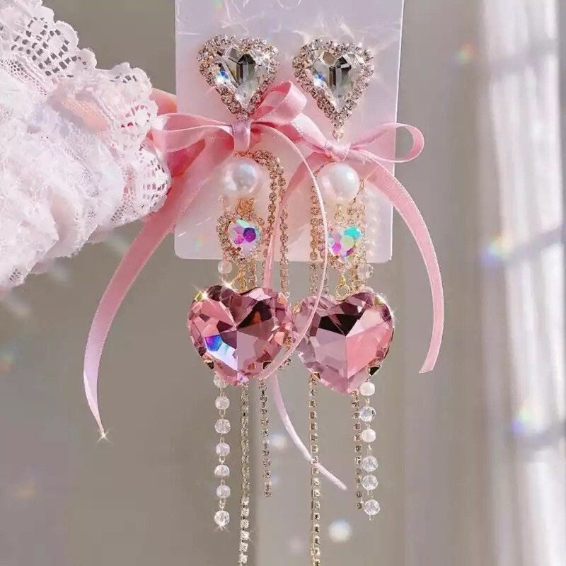 Pink Heart Chandelier Earrings